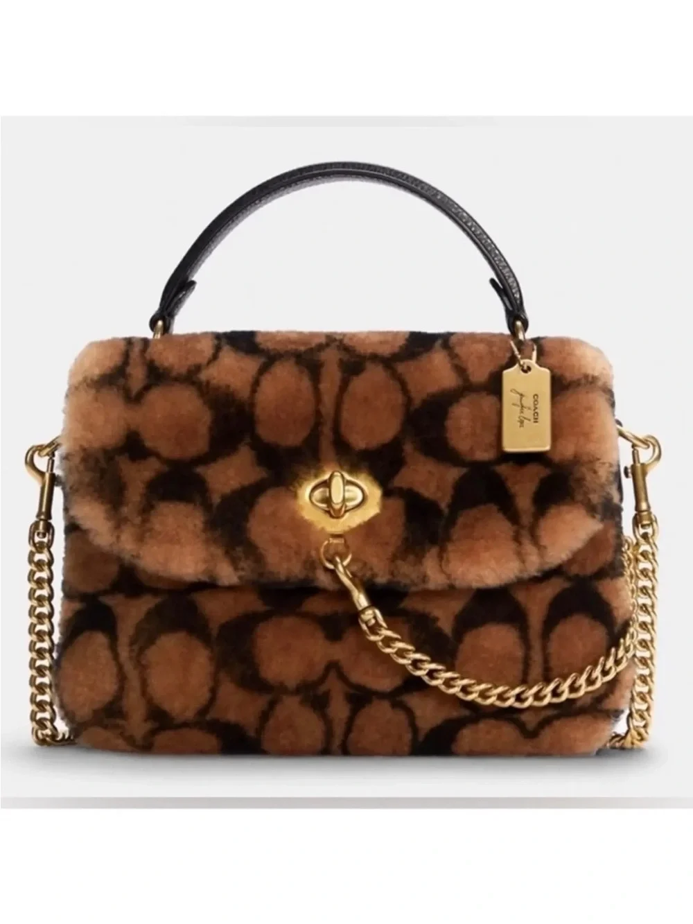 Jennifer Lopez X Coach; Signature Shearling Top Handle Satchel in Brown